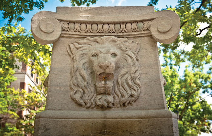 One of the lion head fountains on campus.