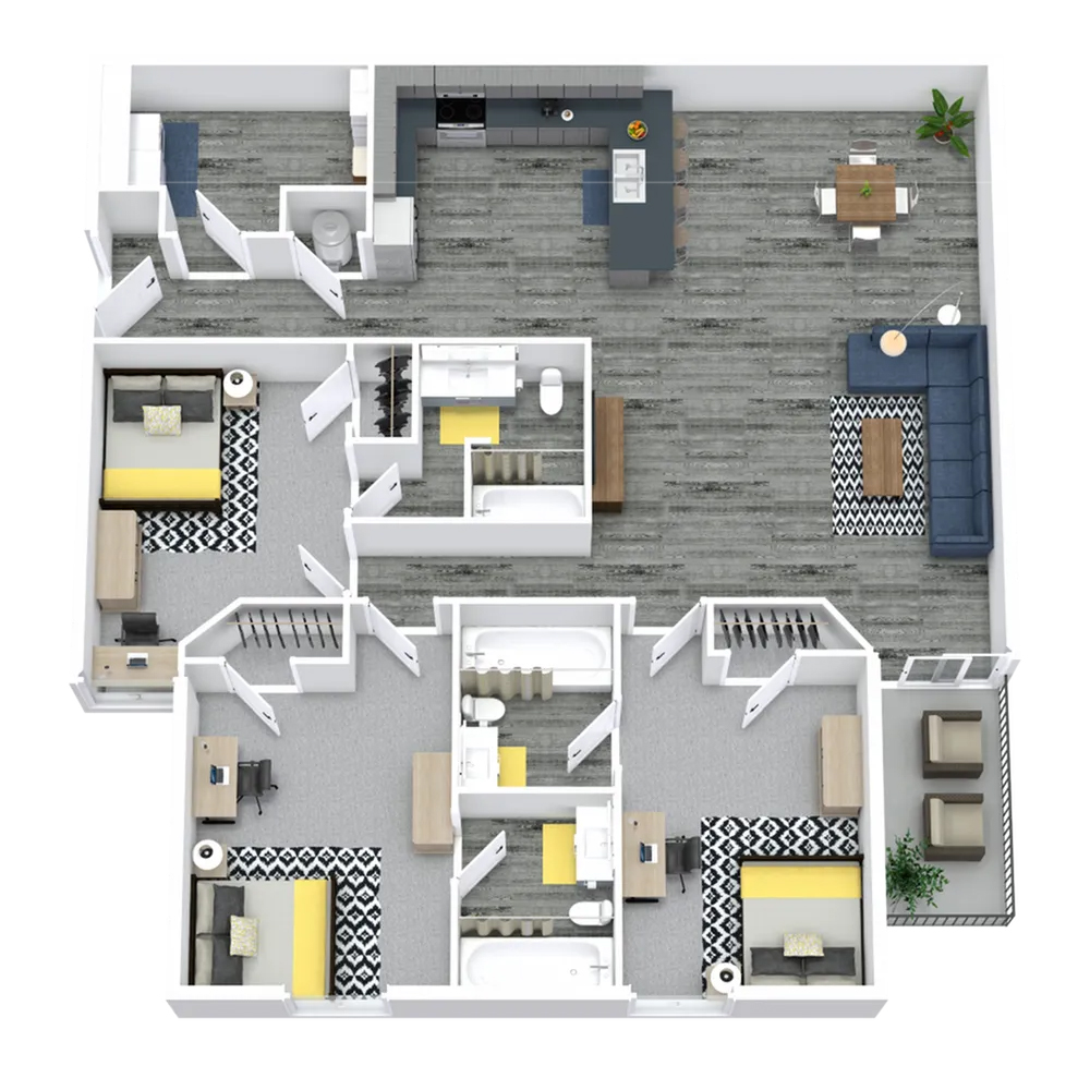 Station 21 - 3 Bedroom / 3 Bath Floor Plan Illustration