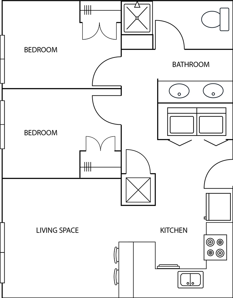 Aspire Floorplan Layout Illustration - 2 Bedroom 1 Bath