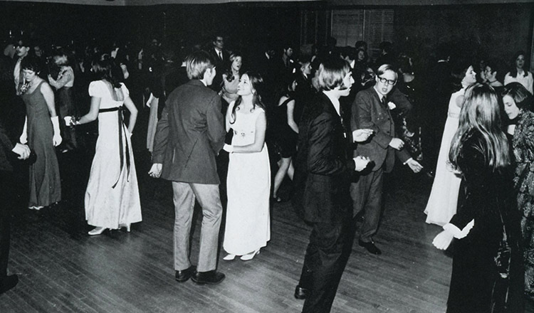 Students dancing at a dinner dance.