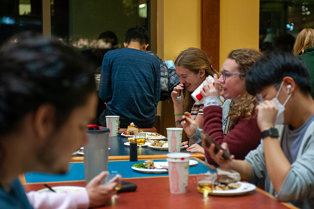 Students share laughs over Thanksgiving dinner at Wiley Dining Court.