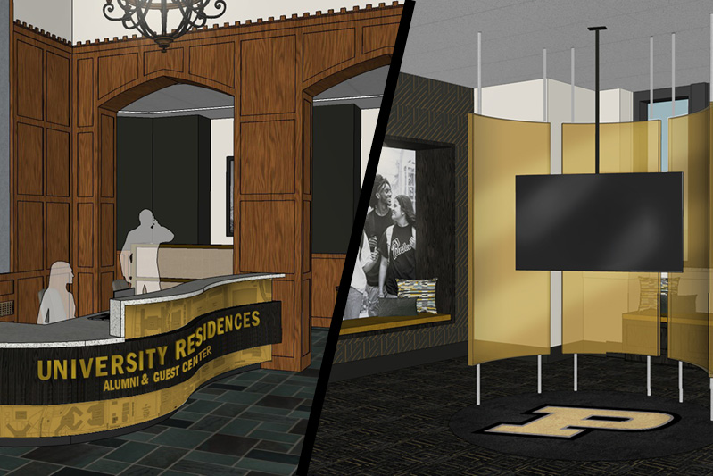 Rendering showing the future appearance of the Alumni & Guest Center. On the left, a welcome desk with a banner welcomes guest in front of wood paneling. On the right, an interactive screen hangs down over Purdue-branded flooring. 