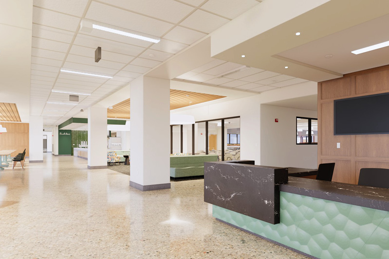 Rendering showing community space in South Hall. 