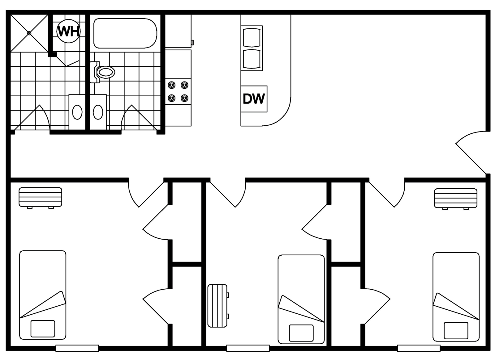 3 Bedroom 1.5 Bath Floor Plan Illustration