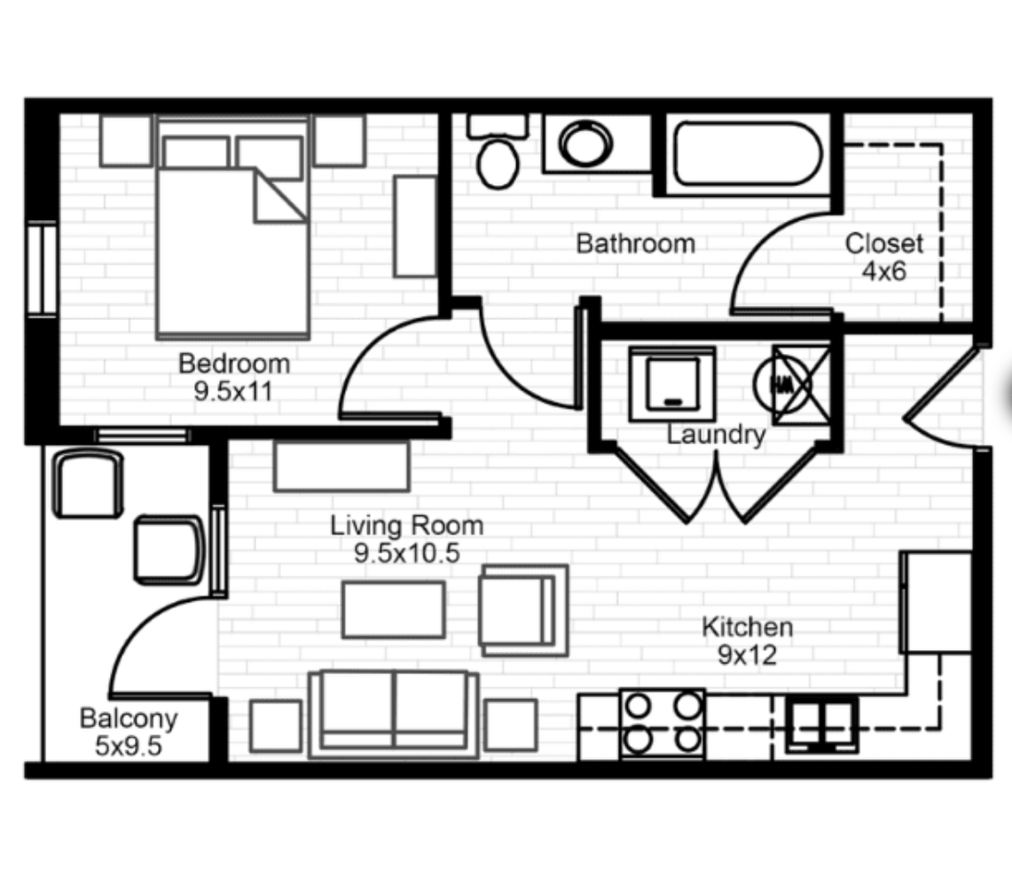 1 Bedroom 1 Bath Floorplan Layout Illustration