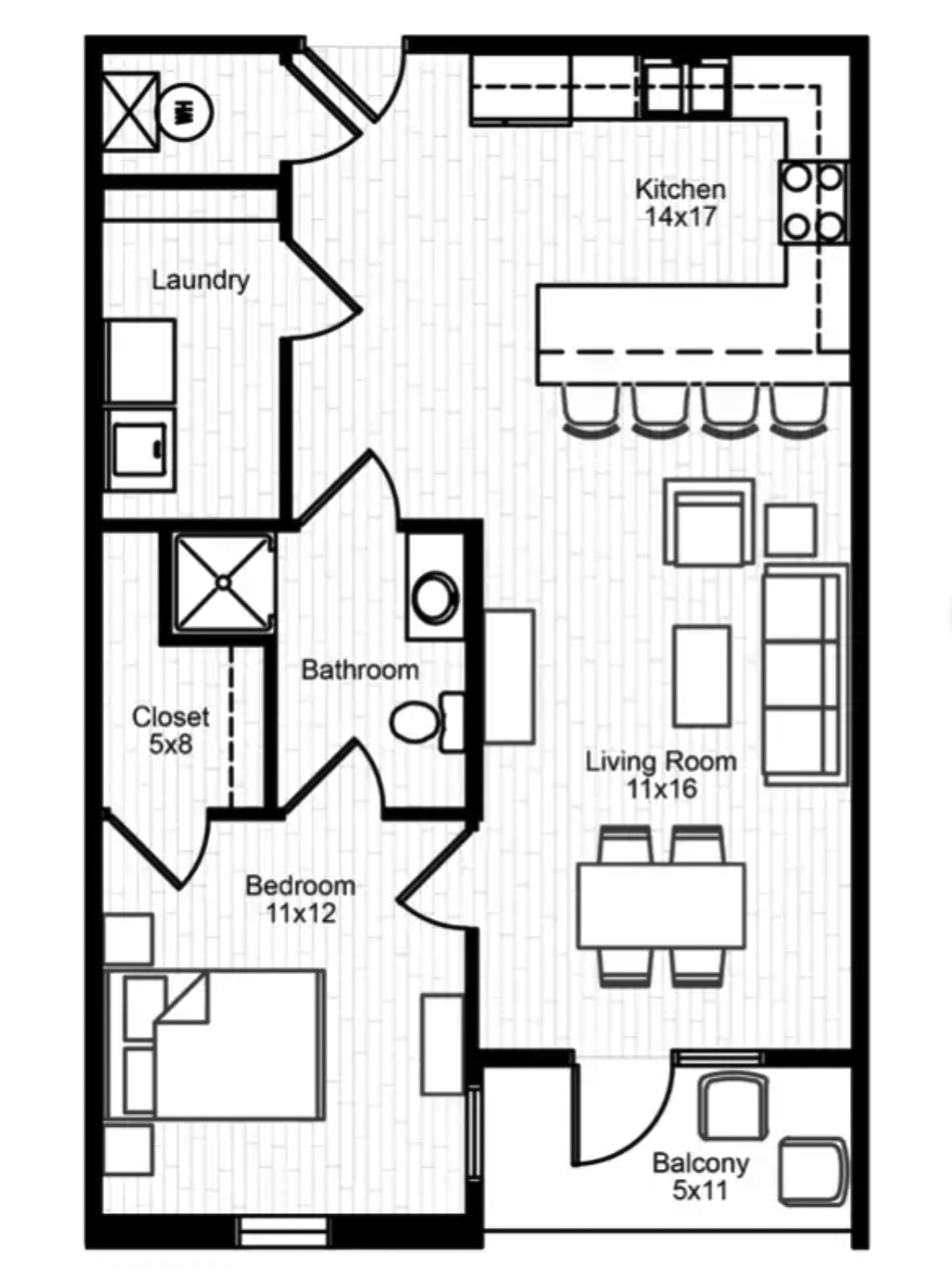 1 Bedroom 1 Bath Floorplan Layout Illustration