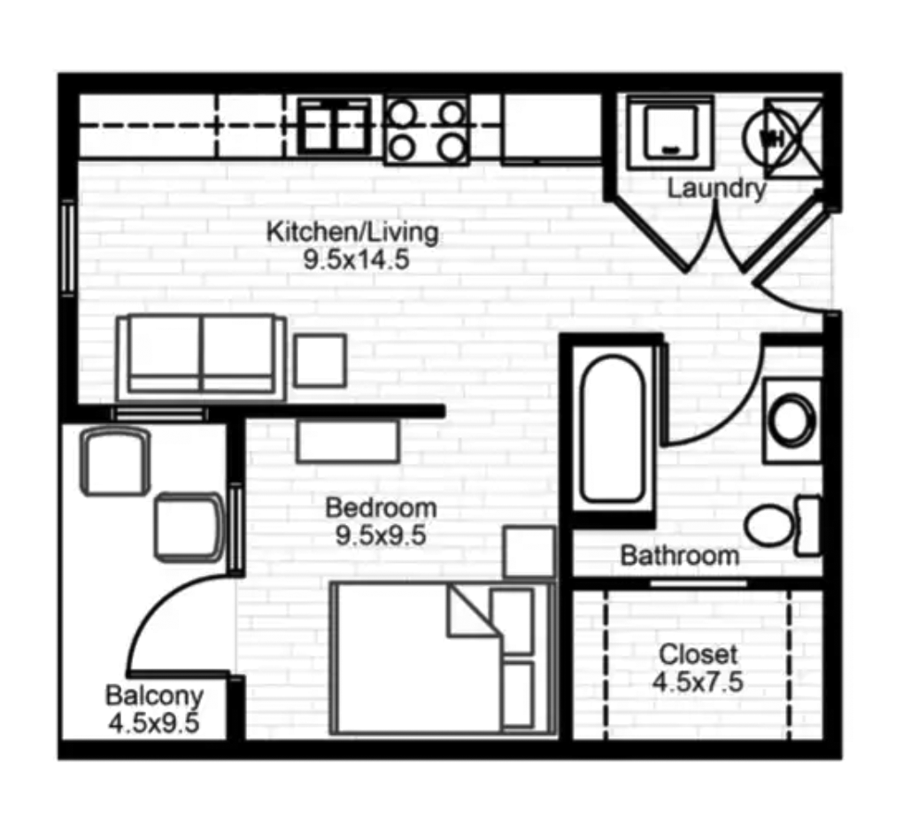  1 Bedroom 1 Bath Floorplan Layout Illustration