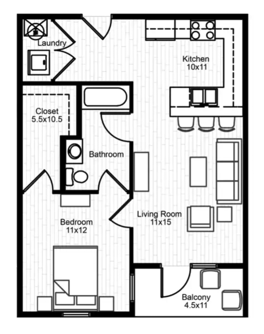 1 Bedroom 1 Bath Floorplan Layout Illustration