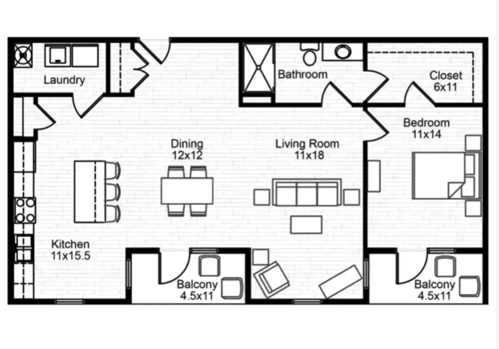 1 Bedroom 1 Bath Floorplan Layout Illustration