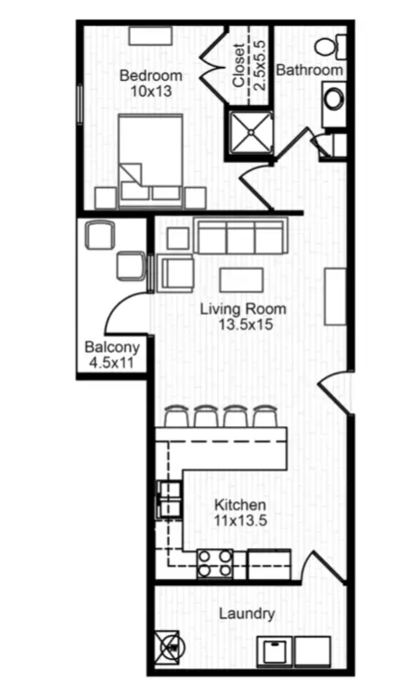 1 Bedroom 1 Bath Floorplan Layout Illustration