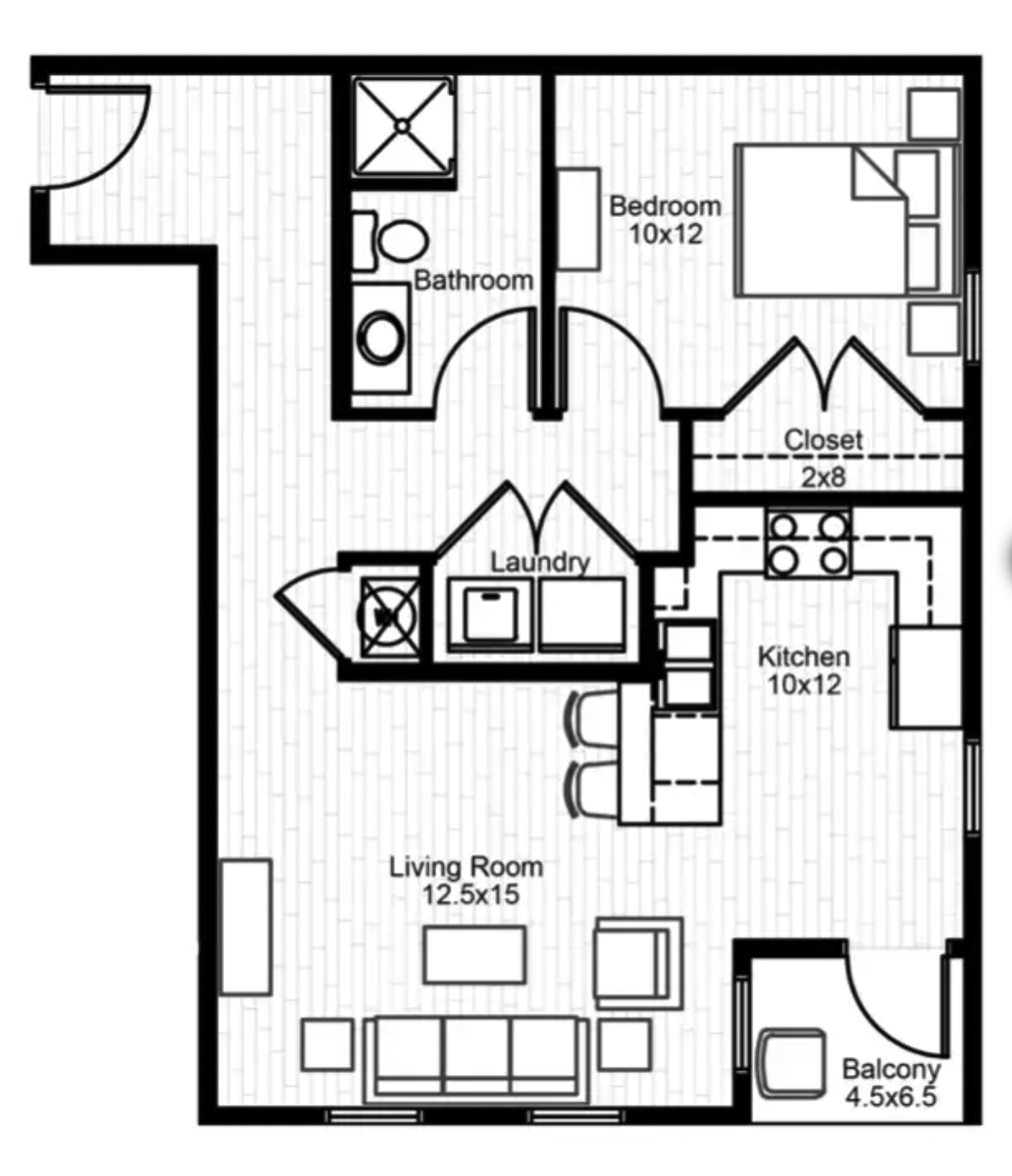 1 Bedroom 1 Bath Floorplan Layout Illustration