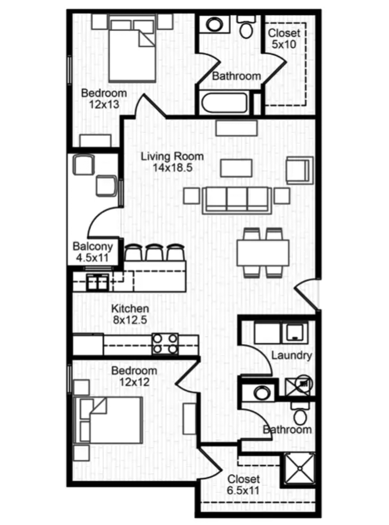 2 Bedroom 2 Bath Floorplan Layout Illustration