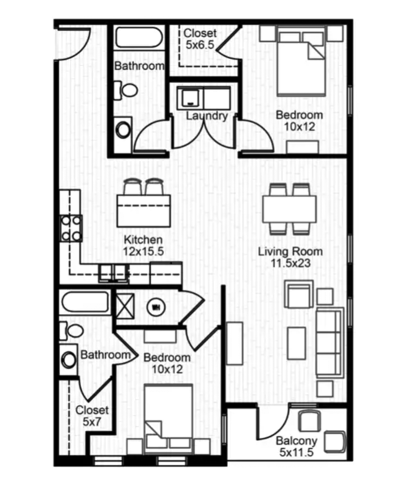 2 Bedroom 2 Bath Floorplan Layout Illustration