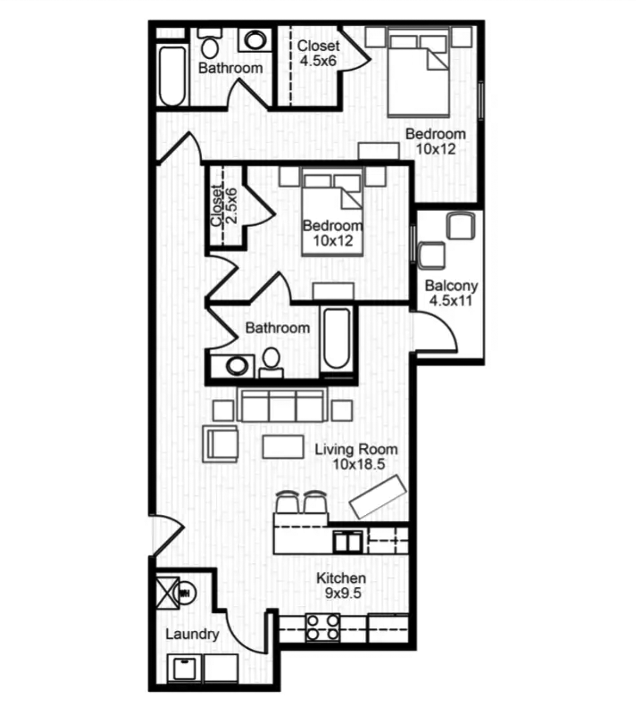 2 Bedroom 2 Bath Floorplan Layout Illustration