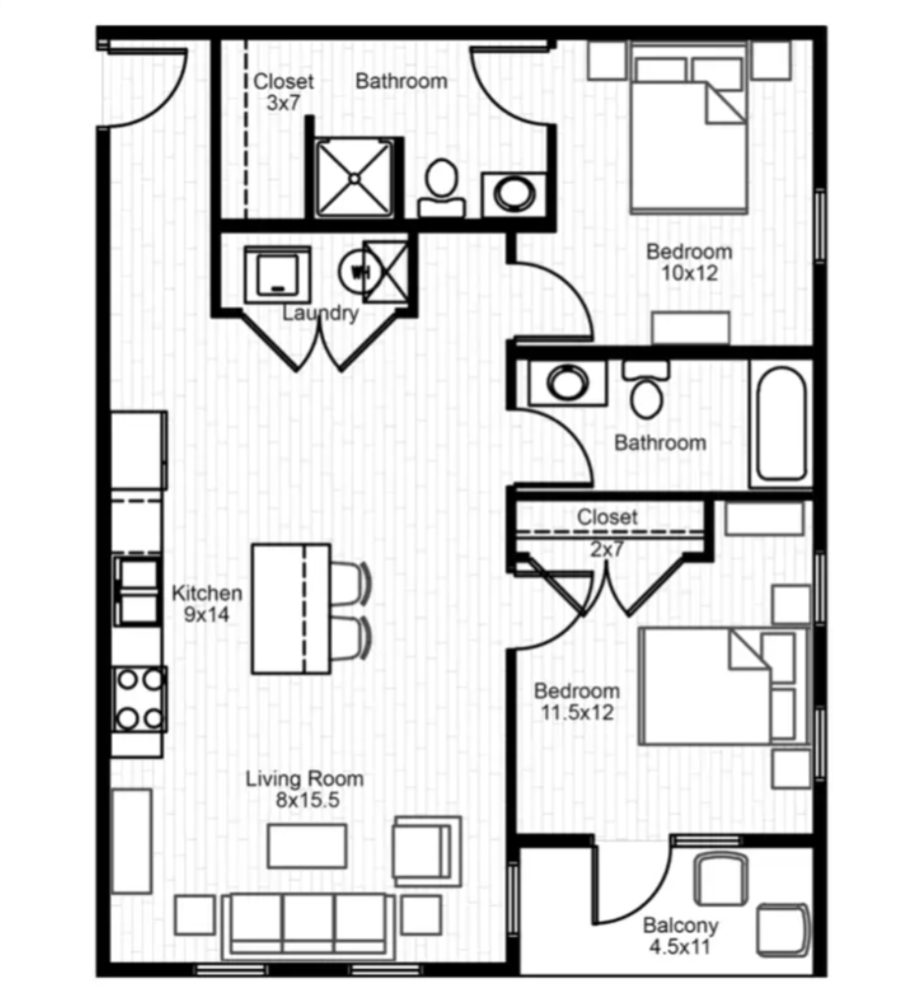 2 Bedroom 2 Bath Floorplan Layout Illustration