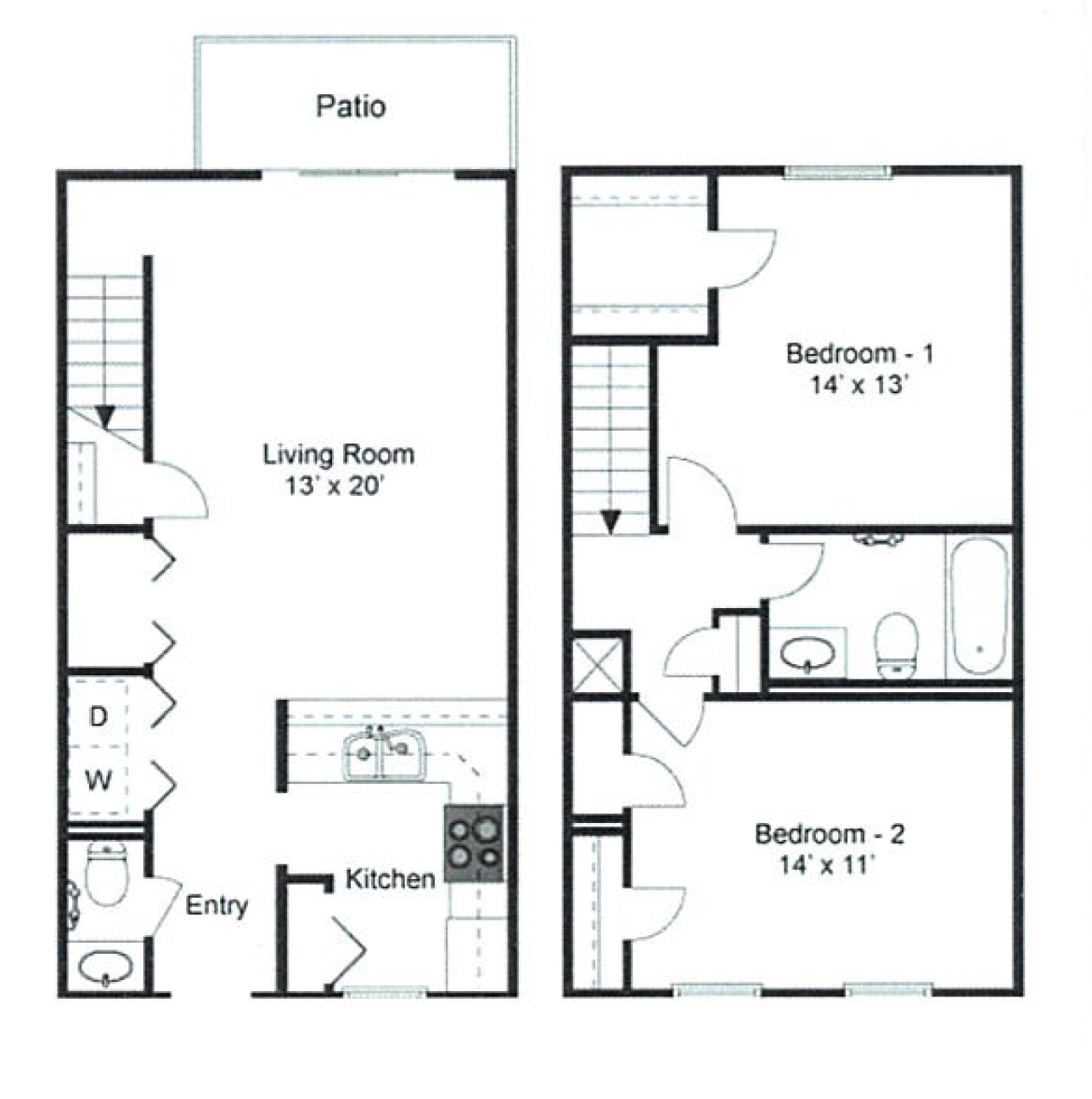 Blackbird Farms I - 2 Story - 2 Bedroom / 1-1/2 Bath Floor Plan Illustration