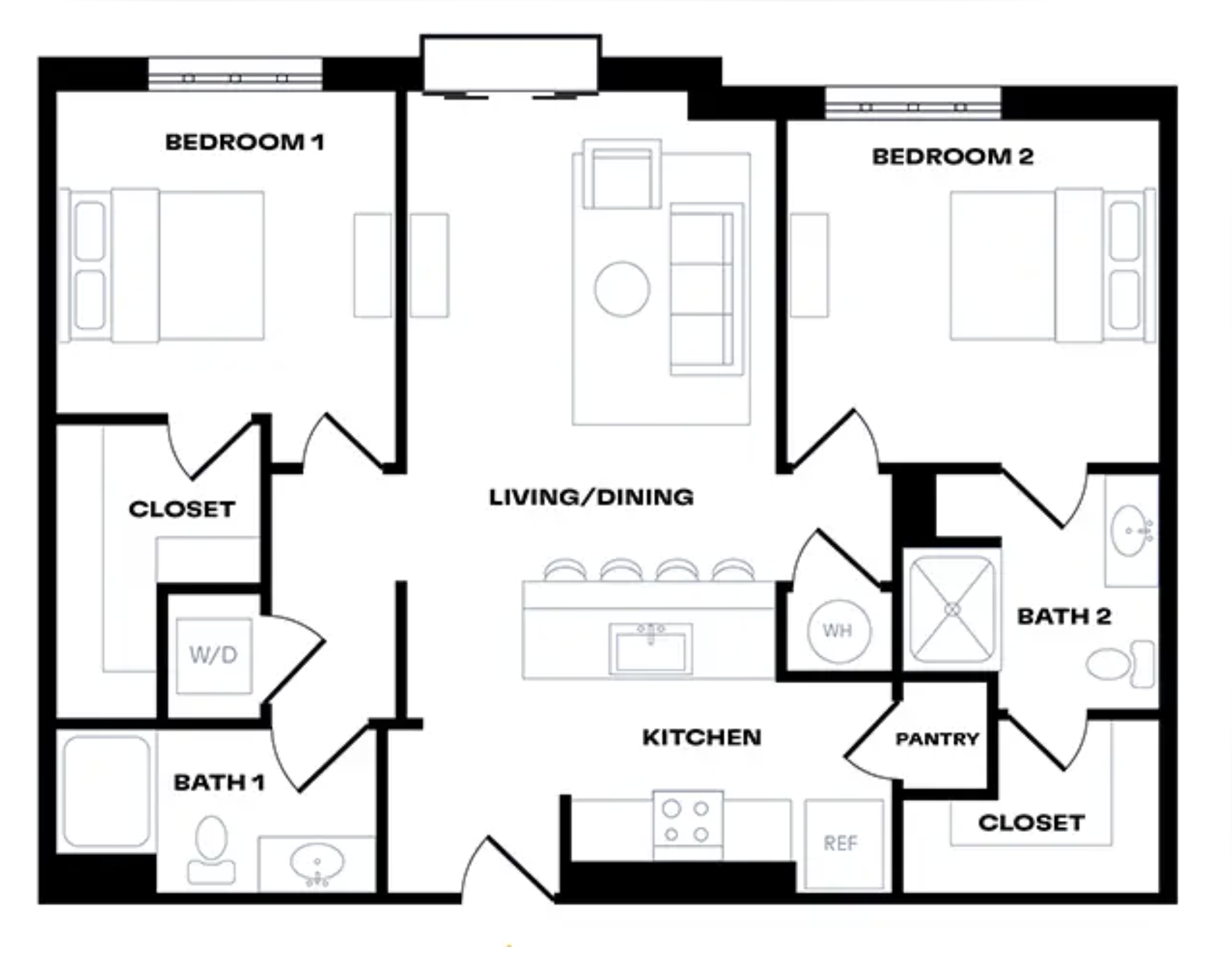 2 Bedroom - 2 Bath Floor Plan - B1 Illustration