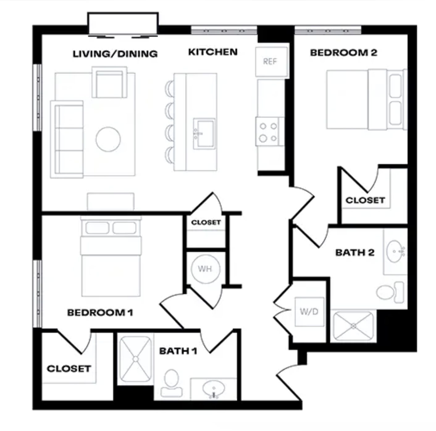 2 Bedroom - 2 Bath Floor Plan - B2 Illustration