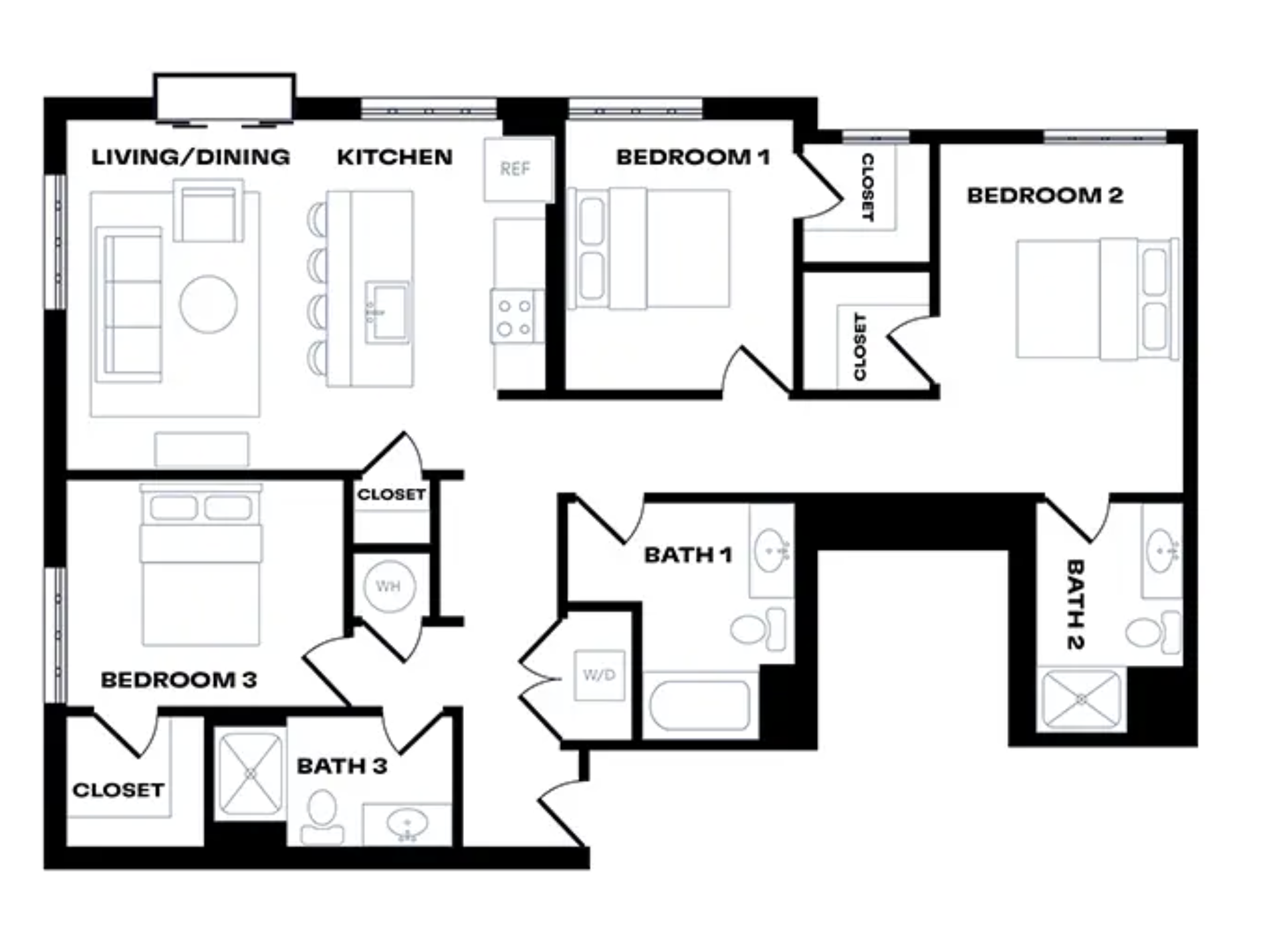 3 Bedroom - 3 Bath Floor Plan - C1 Illustration