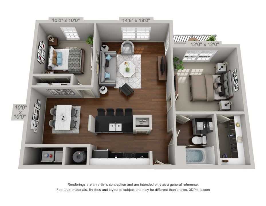 An 3D rendering of 2 Bedroom (Layout 1)'s layout