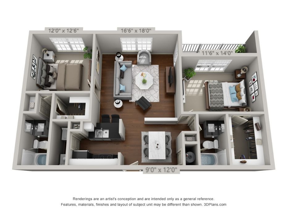 An 3D rendering of 2 Bedroom (Layout 2)'s layout