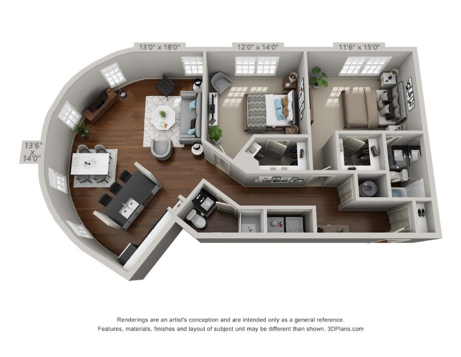 An 3D rendering of 2 Bedroom (Layout 3)'s layout