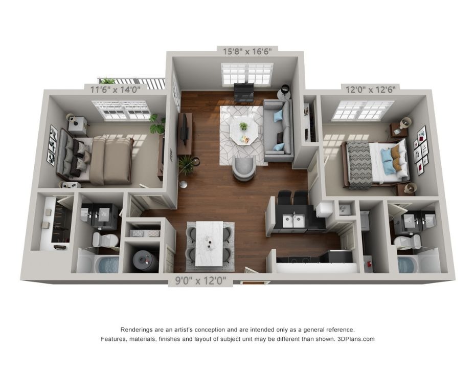 An 3D rendering of 2 Bedroom (Layout 4)'s layout