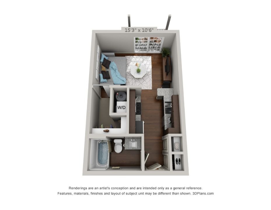 An 3D rendering of Studio A's layout