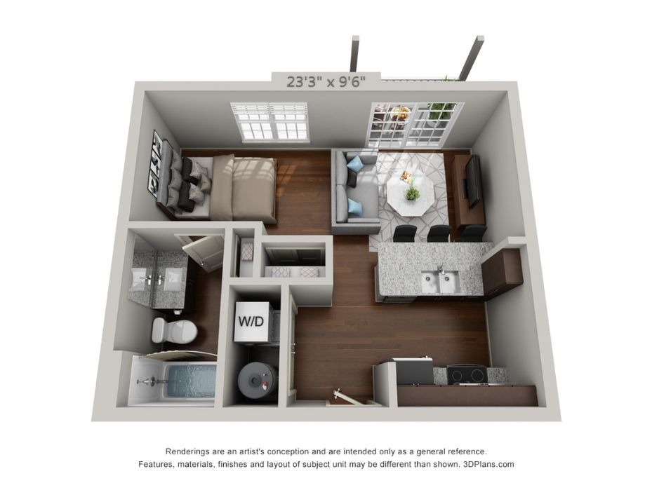 An 3D rendering of Studio F's layout