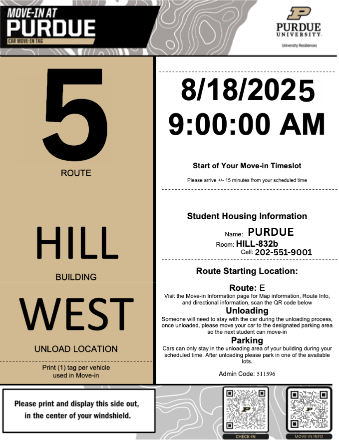 Sample image of a Purdue Move-in pass containing information about your move-in time, your housing assignment and QR codes to check in.
