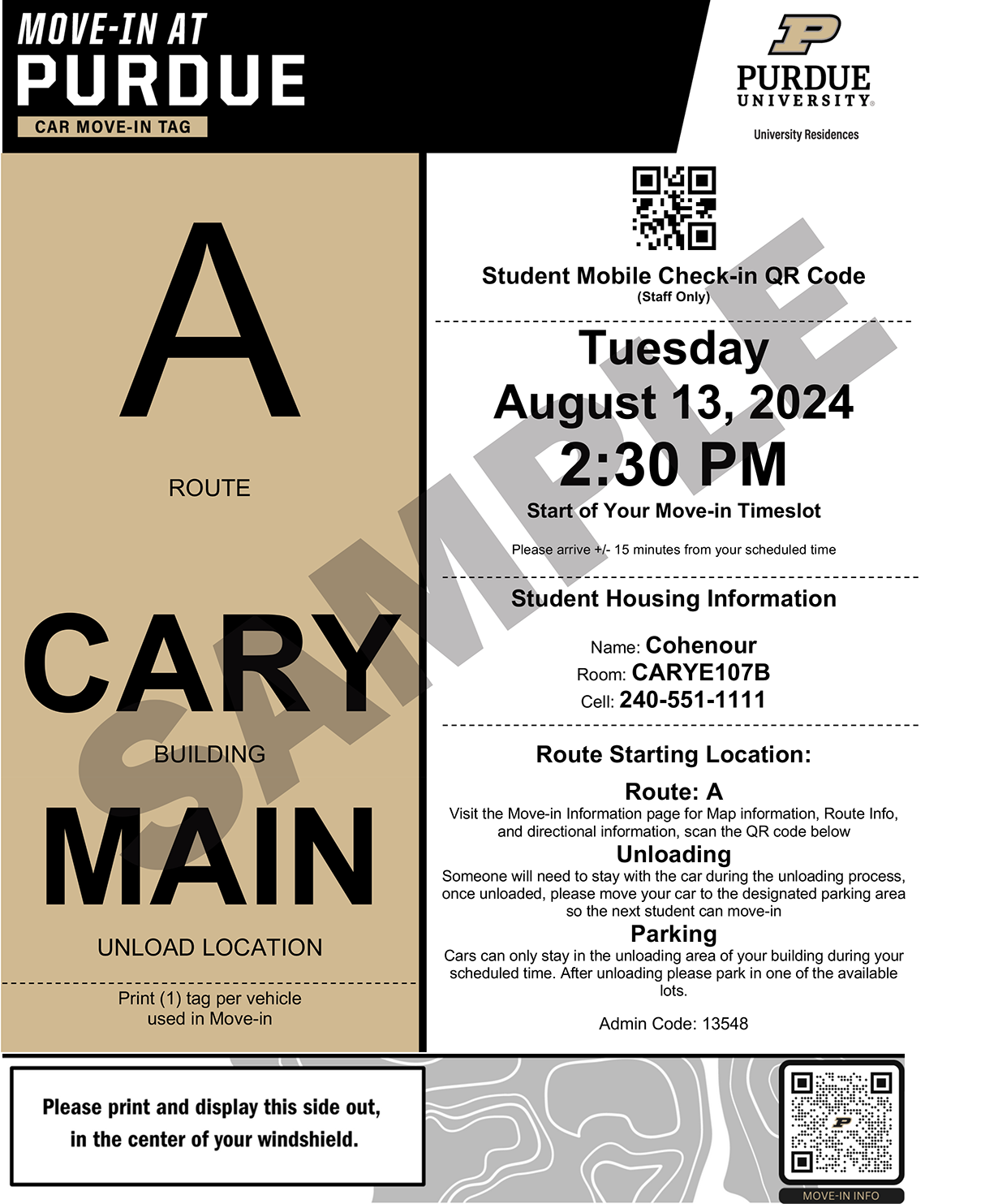 Sample image of a Purdue Move-in hang tag containing informatin about your move-in time, your housing assignment and QR codes to check in.